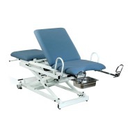 Electric gynecological examination table: three bodies, three motors, with straight rise, Trendelenburg and retractable wheels